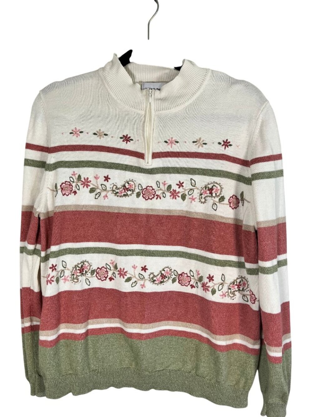 Colorful Retro Floral Striped Sweater L Cottage Boho Indie Artsy Beaded Earthy